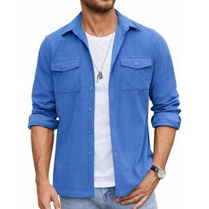 Men's Blue Button Down Waffle Shirt Jacket Casual Long Sleeve Shacket